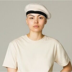 LUCCA‎ Knit Beret Hat Cream Black Band Soft Warm Women
